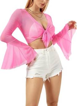 Damen Mesh Oberteil Y2k Top - Langarm Netzoberteil Shirt V Ausschnitt Crop Top Mit Trompetenärmeln Rave Outfit Swimwear Coverups(Pink,S,1087w) von EVELUST