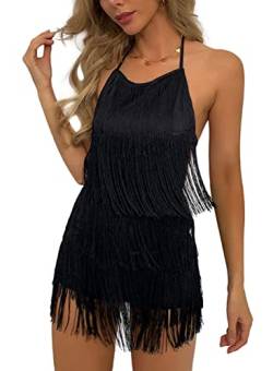 EVELUST 70er Jahre Hippie Kleid mit Fransen - Damen Club Boho Pailletten Jumpsuit Festival Party Outfit Kostüm Neckholder Playsuit(Black, L, 1074w) von EVELUST
