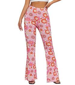 EVELUST 70er Jahre Schlaghose Für Damen – Boho 60er Hose Hippie Blumen High Waist Outfit Disco Kostüm Yogahose Leggings(Pink, M, 10501w) von EVELUST