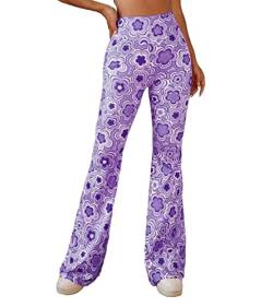 EVELUST 70er Jahre Schlaghose Für Damen – Boho 60er Hose Hippie Blumen High Waist Outfit Disco Kostüm Yogahose Leggings(Purple, L, 1050w) von EVELUST