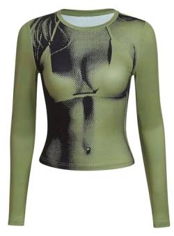 EVELUST Damen 3D Body Print Crop Oberteile - Y2k Kleidung Grafik Tee Sommer Casual Langarm Kurzarm Rundhals Skims Tshirt(Green,L,1082w) von EVELUST