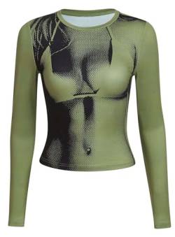 EVELUST Damen 3D Body Print Crop Oberteile - Y2k Kleidung Grafik Tee Sommer Casual Langarm Kurzarm Rundhals Skims Tshirt(Green,M,1082w) von EVELUST