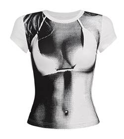 EVELUST Damen 3D Body Print Crop Oberteile - Y2k Kleidung Grafik Tee Sommer Casual Langarm Kurzarm Rundhals Skims Tshirt(ShortWhite,M,10821w) von EVELUST