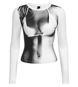 EVELUST Damen 3D Body Print Crop Oberteile - Y2k Kleidung Grafik Tee Sommer Casual Langarm Kurzarm Rundhals Skims Tshirt(White,L,1082w) von EVELUST