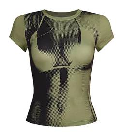 EVELUST Damen 3D Body Print Crop Tops - Y2k Kleidung Grafik Tee Ästhetisch Sexy Langarm Rundhals T-Shirt Trendy, Kurz grün, X-Klein von EVELUST