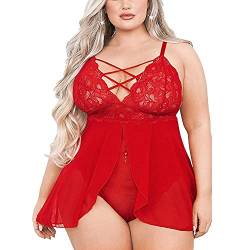 EVELUST Damen Babydoll-Dessous Große Größen, doppellagig, elastisch, hohe Taille, Teddy-Unterhemd, bequem, Florale Spitze, Reizwäsche(XL,Red,693w) von EVELUST