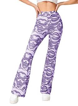 EVELUST Damen Blumendruck Flare Leg Hose Boho Bell Bottom Elastische Hohe Taille Bequeme Weite Bein Hose Yogahose, violett, X-Gro von EVELUST