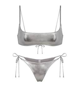 EVELUST Damen Metallic Bikini Sets Sexy Retro Shiny Badeanzug Rave Outfit Micro Scoop Top Tie Side String 2 Pcs Badeanzug(Silver,L,10261w) von EVELUST