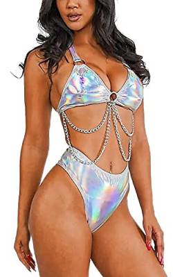 EVELUST Damen Metallic Glitzer Festival Outfit - Rave Body Chain Harness Oberteil High Cut Bottom Tanz Kostüm Bikini Set(Silver,S,1314w) von EVELUST