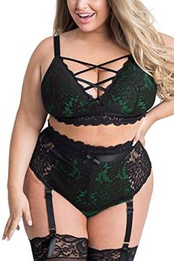 EVELUST Damen Sexy Dessous Set Große Größen Erotische Lingerie Unterwäsche Reizwäsche Spitzen BH und Höhe Taille Strumpfgürtel Belt Panty mit Blumenmuster Stickerei und Netz(Blackgreen,2XL,828w) von EVELUST