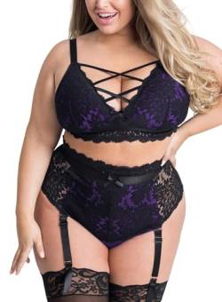 EVELUST Damen Sexy Dessous Set Große Größen Erotische Lingerie Unterwäsche Reizwäsche Spitzen BH und Höhe Taille Strumpfgürtel Belt Panty mit Blumenmuster Stickerei und Netz(BlackPurple,3XL,828w) von EVELUST