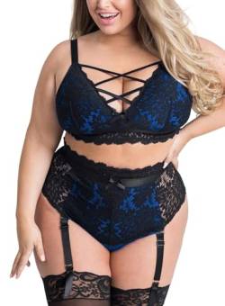 EVELUST Damen Sexy Dessous Set Große Größen Erotische Lingerie Unterwäsche Reizwäsche Spitzen BH und Höhe Taille Strumpfgürtel Belt Panty mit Blumenmuster Stickerei und Netz(Blackblue,2XL,828w) von EVELUST