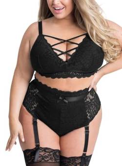 EVELUST Damen Sexy Dessous Set Große Größen Erotische Lingerie Unterwäsche Reizwäsche Spitzen BH und Höhe Taille Strumpfgürtel Belt Panty mit Blumenmuster Stickerei und Netz(Black,2XL,828w) von EVELUST