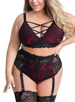 EVELUST Damen Sexy Dessous Set Große Größen Erotische Lingerie Unterwäsche Reizwäsche Spitzen BH und Höhe Taille Strumpfgürtel Belt Panty mit Blumenmuster Stickerei und Netz(BlackRed,2XL,828w) von EVELUST