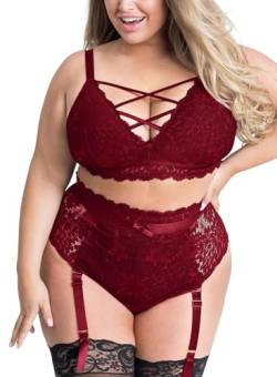 EVELUST Dessous in Übergröße für Frauen – Sexy Luxus überkreuzter BH Spitze Cup Klassische Unterwäsche hohe Taille Straps-Set, Wein, XX-Large von EVELUST