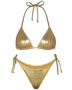 EVELUST Metallic Bikini für Damen – Retro Glänzend Silber Gold Badeanzüge Badeanzug Dreieck Tops Seitliche Krawatte Tanga Bottom Set(Gold,L,1026w) von EVELUST