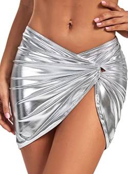 EVELUST Metallischer Badeanzug-Sarong-Minirock für Damen – sexy Rave-Bikini-Strand-Cover-up-Badeanzug mit kurzem Wickel-Badeanzug(Silver, S, 10252w) von EVELUST