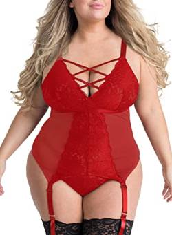 EVELUST Plus Size Dessous 2 Stück für Frauen Strapse Strumpfband Teddy Set mit Spitze Tanga Rückenfrei Sexy Babydoll, Rot/Ausflug, einfarbig (Getaway Solids), X-Large von EVELUST