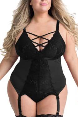 EVELUST Plus Size Dessous 3 Stück für Frauen Strumpfband Teddy Set mit Spitzen Tanga Rückenfrei Sexy Babydoll(Schwarz,2XL,955w) von EVELUST