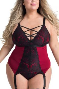 EVELUST Plus Size Dessous 3 Stück für Frauen Strumpfband Teddy Set mit Spitzen Tanga Rückenfrei Sexy Babydoll(SchwarzRot,XL,955w) von EVELUST