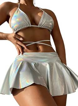 EVELUST Rave-Outfits für Damen, Metallic-Bikini-Halter, Gestreifter Badeanzug mit Holografischem Strandrock für Party Club Music Festival(Silver,M,1016w) von EVELUST