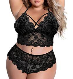 EVELUST Sexy Dessous Set für Frauen Große Größen Reizwäsche Damen V-Ausschnitt Hohe Taille Blumenspitze Criss Cross BH und Slip 2 Stück Set Riemchen Unterwäsche L-4XL(Black,3XL,885w) von EVELUST