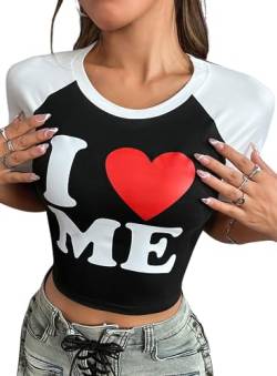 EVELUST Y2k Crop Tops für Frauen – I Love Heart Graphic T-Shirt Fairy Grunge Teen Girl Outfits Sommer Niedliche Kleidung Baby Tees, Schwarz Weiß, Klein von EVELUST
