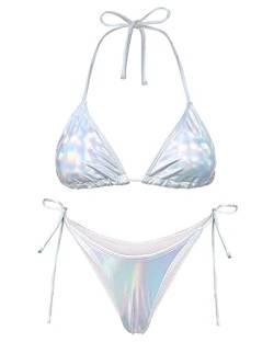 Metallic Bikini für Frauen – Retro Glänzend Silber Gold Badeanzüge Badeanzug Dreieck Tops Seitliche Krawatte Tanga Bottom Set, Silberfarbenes Hologramm., Large von EVELUST