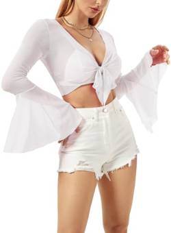 Rave Bell Mesh Crop Top für Frauen - 70er Jahre Langarm Krawatte vorne Sheer Shirt Rüschen Fairycore Bluse Festival Outfits, Weiss/opulenter Garten, Klein von EVELUST