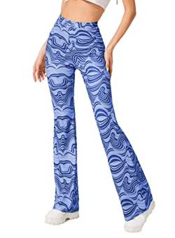 Rave Flare Hose für Damen – 70er Jahre Weite Bein Flair Leggings Disco Festival Outfits Hohe Taille Glocke Bottom Hose, Blau, Groß von EVELUST