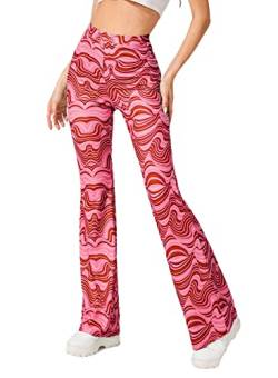 Rave Flare Hose für Damen – 70er Jahre Weite Bein Flair Leggings Disco Festival Outfits Hohe Taille Glocke Bottom Hose, Pink, Groß von EVELUST
