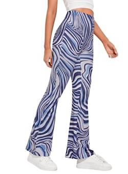 Rave Marmorhose f?r Damen ? 70er Jahre Boho Flare Stretch Wide Leg Leggings High Waist Hose Disco Festival Outfits, Blau, M von EVELUST