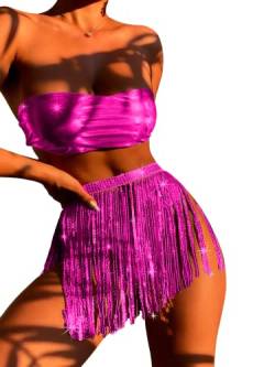 Rave Outfits für Damen, 3-teiliges Bikini-Set Quasten Rock Metallic-Badeanzug Holografisches Bandeau-Oberteil Badeanzüge für Festivals(Rose,L,1005w) von EVELUST