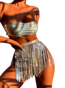 Rave Outfits für Damen, 3-teiliges Bikini-Set Quasten Rock Metallic-Badeanzug Holografisches Bandeau-Oberteil Badeanzüge für Festivals(Silver,XL,1005w) von EVELUST