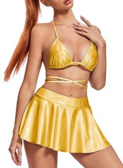 Rave Outfits für Frauen – Sexy Musik Festival Metallic Holografische Riemchen Bikini Top Bottom Strandrock 3-teiliges Set, Gold, S von EVELUST