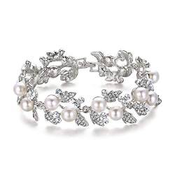 EVER FAITH® österreichisches Kristall künstliche Perle elegant Blätter Armband Klar Silber-Ton N01549-1 von EVER FAITH