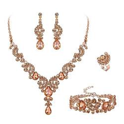 EVER FAITH 4 Stück Schmuck-Sets für Hochzeit Braut Strass Kristall Braut floralen Welle Teardrop Halskette baumeln Ohrringe Armband Ring-Set Champagner Rose Gold-Tone von EVER FAITH