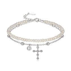 EVER FAITH Creme Süßwasser Perlen Armband für Frauen, 925 Sterling Silber Cubic Zirkonia geschichteten Kreuz Armkette von EVER FAITH