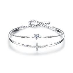 EVER FAITH Herz Kreuz Armband Zierliches geschichtetes Cubic Zirconia Verstellbare Charmant Liebessymbol Armreif für Damen Mädchen von EVER FAITH