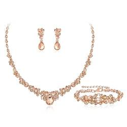 EVER FAITH Hochzeit Kristall-Schmuck-Sets für Glamour Teardrop Strass Halskette Dangle Ohrringe Armband-Sets für Damen Champagner Roségold-Ton von EVER FAITH