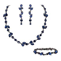 EVER FAITH Kristall Schmuck-Sets elegante Marquise- und Runde- Schliff Strass Blatt Halsketten, Ohrringe und Armband-Set für Damen Saphir-Blau Schwarz-Tone von EVER FAITH