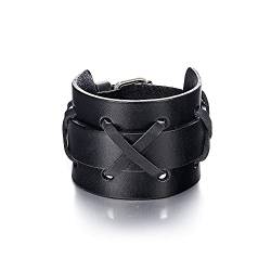 EVER FAITH Schwarz Lederarmband Punk Rock n Roll Unisex Breiter Handgelenkgürtel Wrap Geflochtene Seilarmband Lederarmbänder für Männer Damen von EVER FAITH