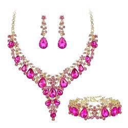 EVER FAITH Statement Schmuck Set für Damen Kristall Blume rund Teardrop Statement Braut Halskette,baumeln Ohrringe und Armband Set Hot Pink Gold-Tone von EVER FAITH