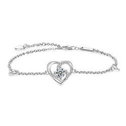 EVERU Damen Herz Armband 925 Sterling Silber Glitzer 5A Zirkonia Liebe Armbänder mit Herzanhänger Einstellbar Armkette für Frauen von EVERU