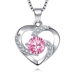 EVERU Damen Kette mit Herz 4-prongs Zirkonia 925 Sterling Sliber Haslkette mit Herzanhänger (rosa) von EVERU