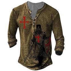 EVOHOUSE Herren Tempelritter 3D Bedruckte T-Shirts Henley-Kragen Langarm Vintage Distressed Henley Shirt Tactical T-Shirt Tops von EVOHOUSE