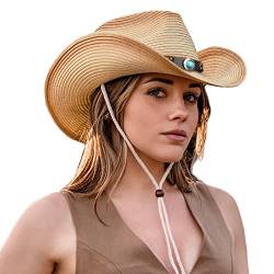 EW East Water Cowboyhüte aus Stroh für Damen, Cowgirl-Hut, Cowboy-Westernhüte für Damen, mit Panama-gewebtem Stroh, Cowgirl-Hüte, Braun/Bandbeige, SMALL von EW East Water