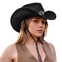 EW East Water Stroh-Cowboyhüte für Damen, Cowgirl-Hut, Cowboy-Westernhüte für Frauen mit Panama-gewebten Stroh-Cowgirl-Hüten, Kuh/Band-schwarz, MEDIUM von EW East Water