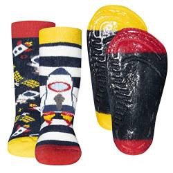 EWERS 2er-Pack Rakete Astronaut Stoppersocken SoftStep, Socken mit Antirutschsohle für Jungen, Anti-Rutsch-Socken mit Gummisohle, 2 Paar rutschfeste Kindersocken für Jungs, Größe 27-28 von EWERS