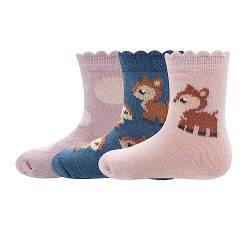 EWERS 3er-Pack Rehkitz-Söckchen, mehrfarbige Reh-Socken für Mädchen und Jungen, Baumwolle, MADE IN EUROPE, Mädchensocken Jungensocken Kindersocken, Größe 23-26, beige/hell-braun/türkis-blau von EWERS